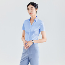 蓝色短袖衬衫女士夏季薄款职业正装气质时尚修身通勤衬衣工作服