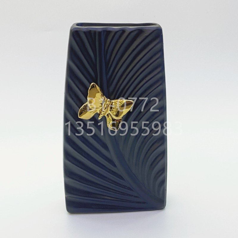 Modern Minimalist Ins Style Matte Black Golden Butterfly Leaf Pattern Vase Ceramic Vase Creative Geometric Flower Flower Container