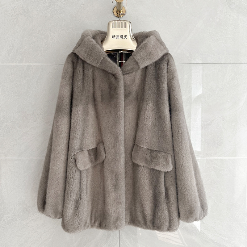 进口紫标天鹅绒水貂连帽貂皮大衣女整貂中长款简约宽松皮草外套