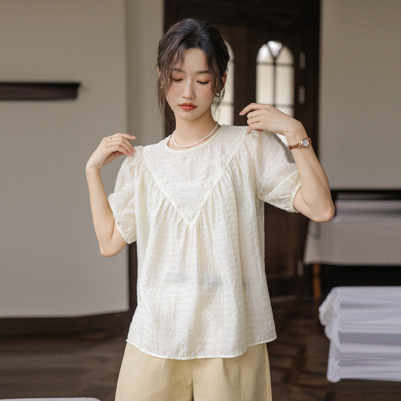 Real Shot Summer round Neck Short Sleeves Lace Shirt Women's Top Embroidered Jacquard Loose-Fitting Shirt Temperament Doll Shirt Small Shirt