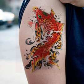 大锦鲤小腿 图腾 男女防水纹身贴 彩色鲤鱼 持久逼真花臂贴纸