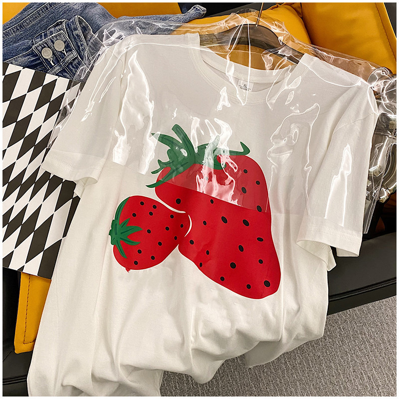 上衣服潮一件代发纯棉短袖新款夏季短款少女可爱草莓图案t恤印花韩版