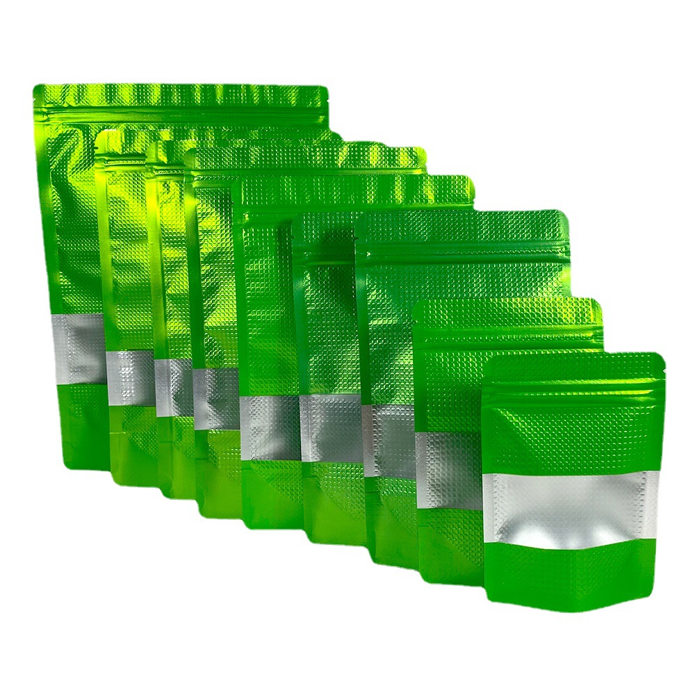 现货哑光绿色镀铝压纹开窗自立自封袋 哑光开窗镀铝拉链袋 包装袋