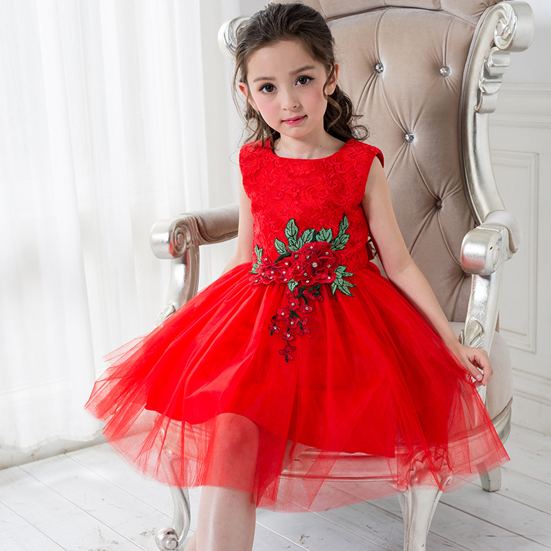 红色婚礼服一件代发棉女童古筝花童婚纱裙蓬蓬纱连衣裙公主童礼服