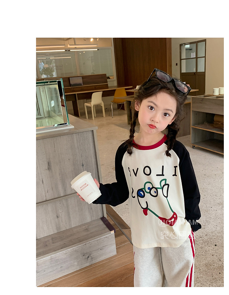 童装儿童韩系卡通印花T恤2024秋季新款女童宽松撞色插肩袖上衣潮详情15