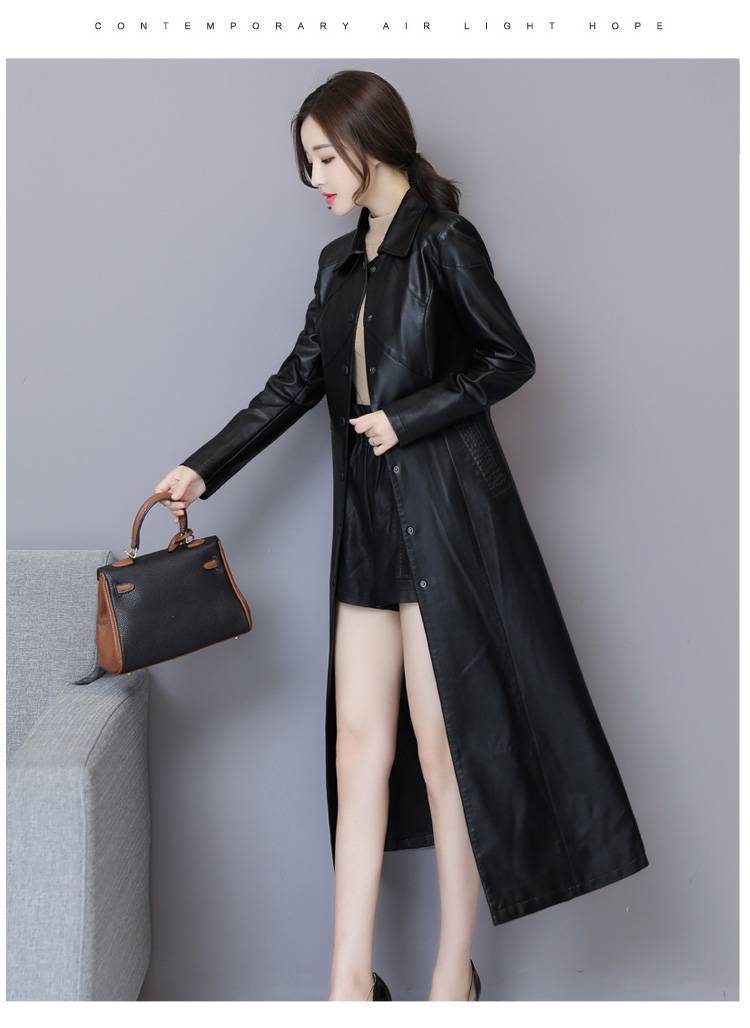 2021春秋新款海宁皮衣女中长款过膝韩版修身大码皮风衣时尚外套潮