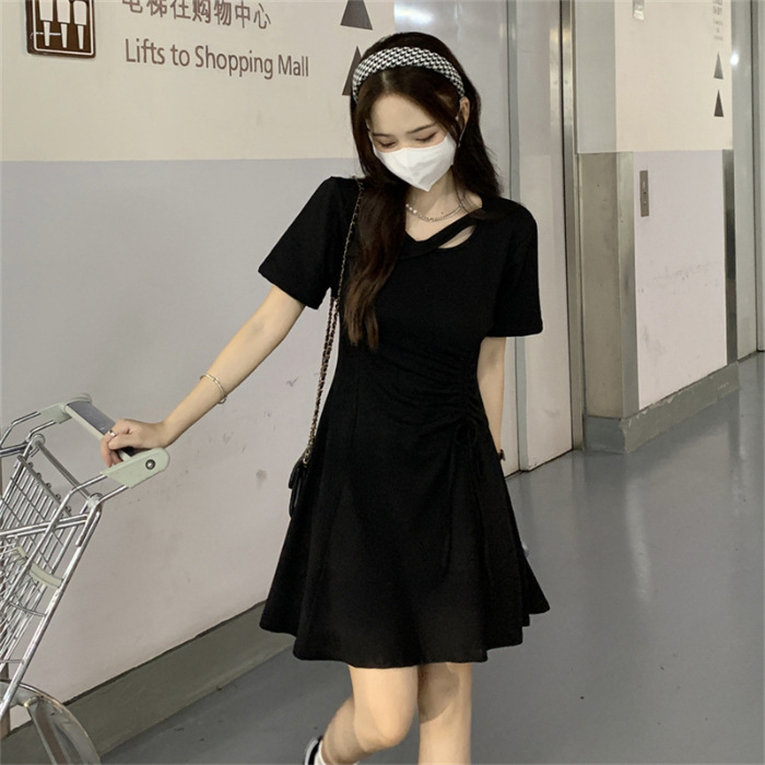 Black Dress for Women 2024 Summer New Small Drawstring Slimming Elegant Slim Hepburn Style Short Skirt Women Clothes