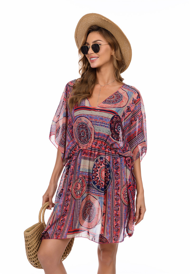 夏威夷沙滩裙欧美风大码松紧腰雪纺夏季海边度假比基尼防晒连衣裙