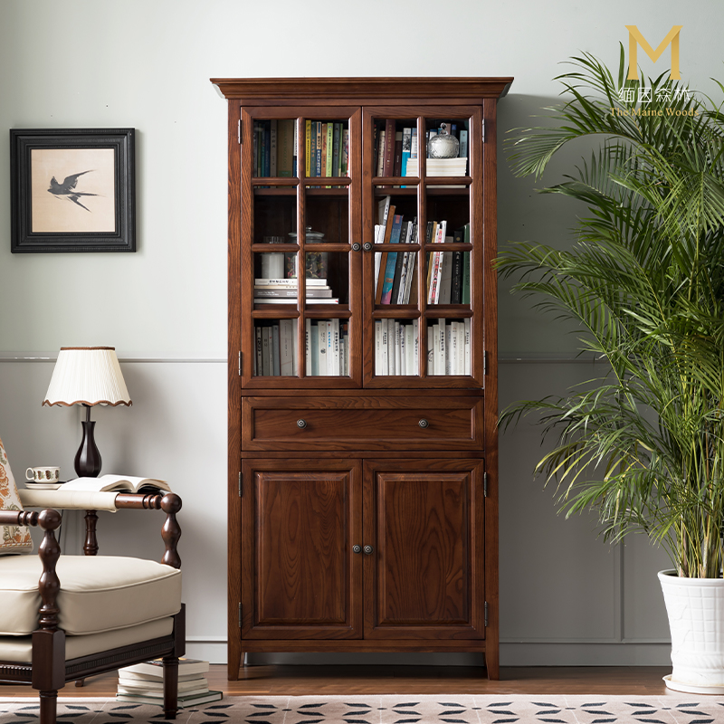 i1书柜玻璃实木带门美式全实木家用轻奢落地靠墙一体到顶书橱组合