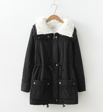 厂家直供冬装新款韩版中长款修身棉衣女抽绳收腰羊羔绒保暖外套