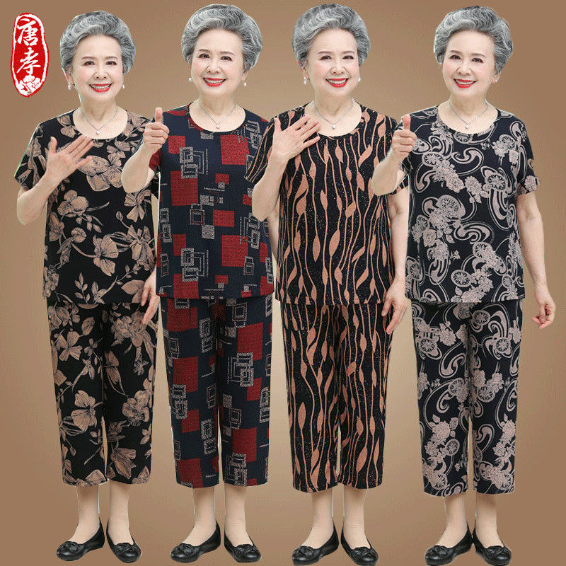 中老年人夏装女棉绸套装恤60岁70太太妈妈短袖上衣奶奶老人衣服