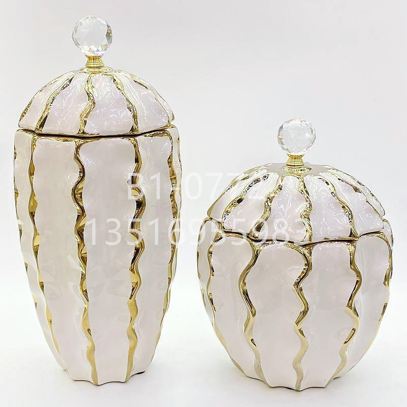 Light Luxury Metal Ceramic White Plating Gold Temple Jar Storage Jar Vase European Style Vase Crafts Decoration and Ornament