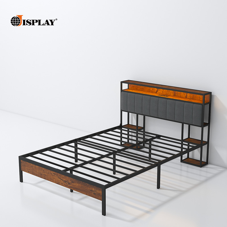 亚马逊热卖定制铁艺双人床架铁床带收纳软包靠垫床头存储氛围灯