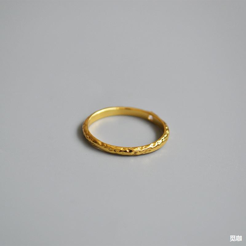 日韩简约复古手做捶打凹凸纹理方形锆石闪钻简约混搭细戒指指环女