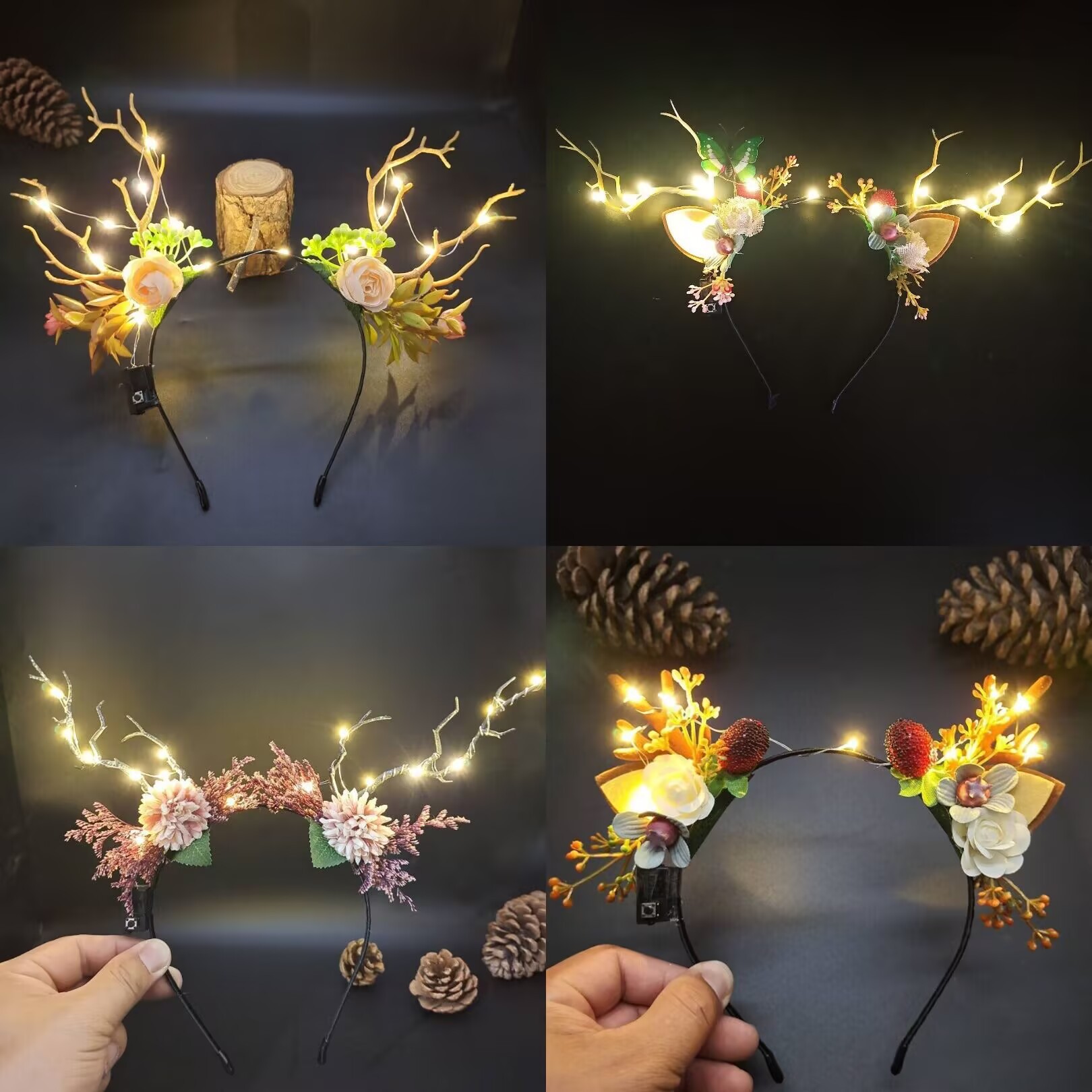 2025跨境圣诞节万圣节发箍发光头饰麋鹿浆果鹿角头饰晚会表演