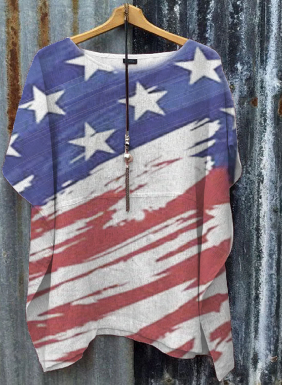 跨境电商亚马逊新款涂鸦风星条旗印花圆领宽松女t恤