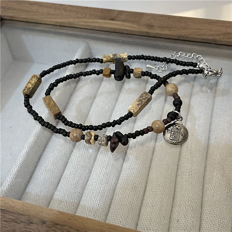 Coffee Color Series Bead Natural Stone Beaded Necklace Design Artistic Retro New Chinese Old Silver Pendant Clavicle