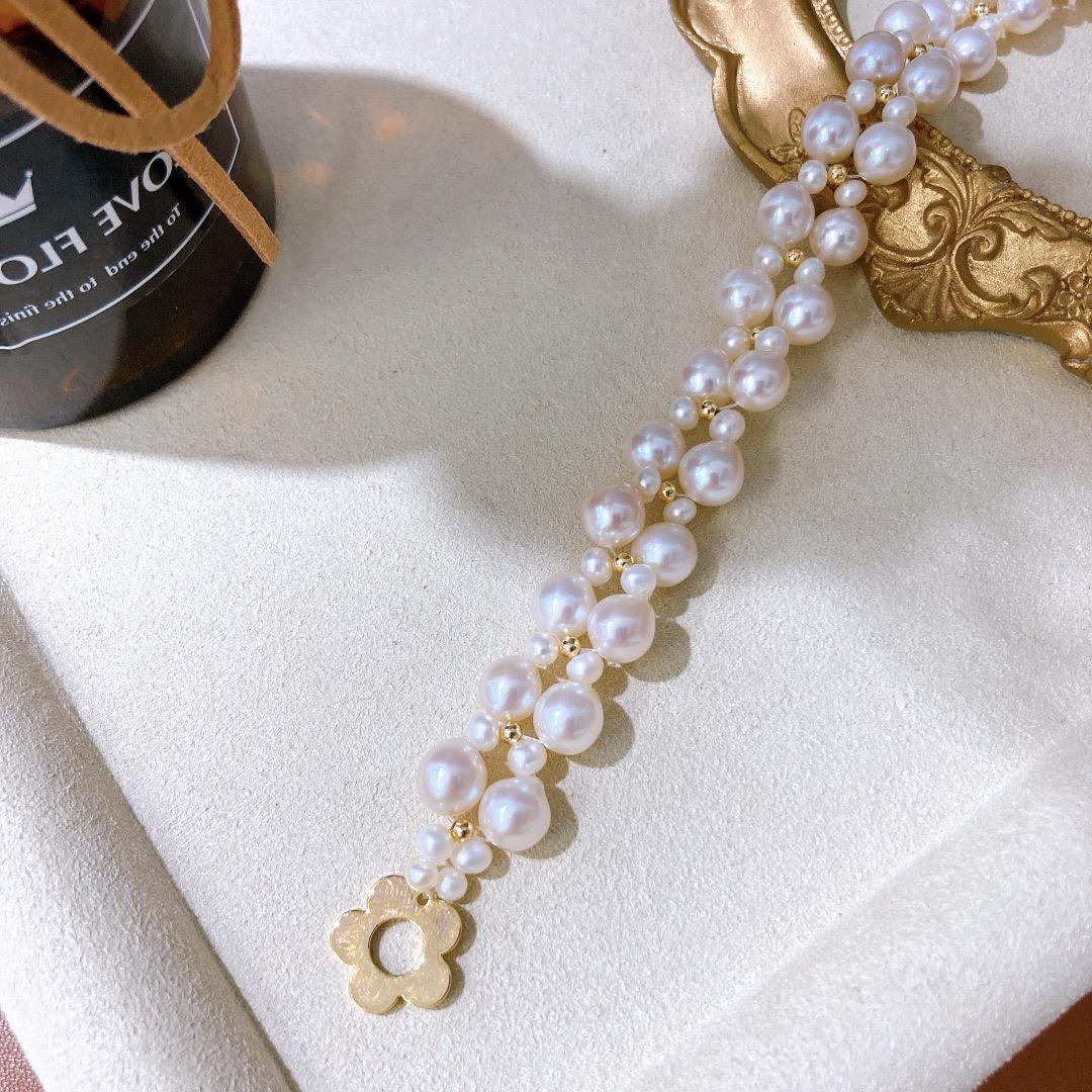叠加金珠高品质淡水小花扣akoya珍珠手编淡水珍珠手链ot珠光极美