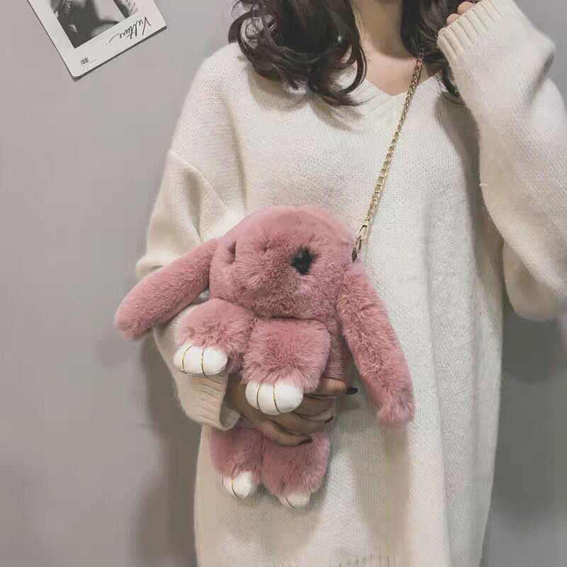 imitate rex rabbit fur jonstew women‘s crossbody plush bag shoulder chain cute rabbit pattern bag fashion all-match