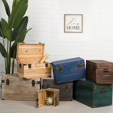 乡村复古组合收纳实木箱子带锁小木盒做旧服装店装饰道具箱子