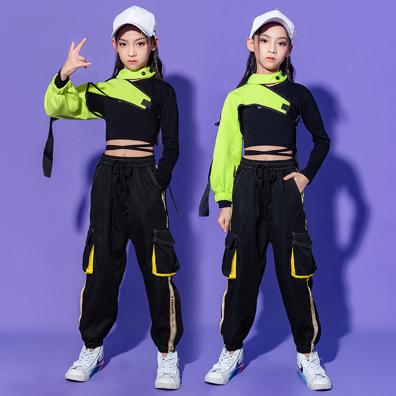女童露脐爵士舞服装儿童啦啦队演出服女孩街舞套装模特走秀潮服秋