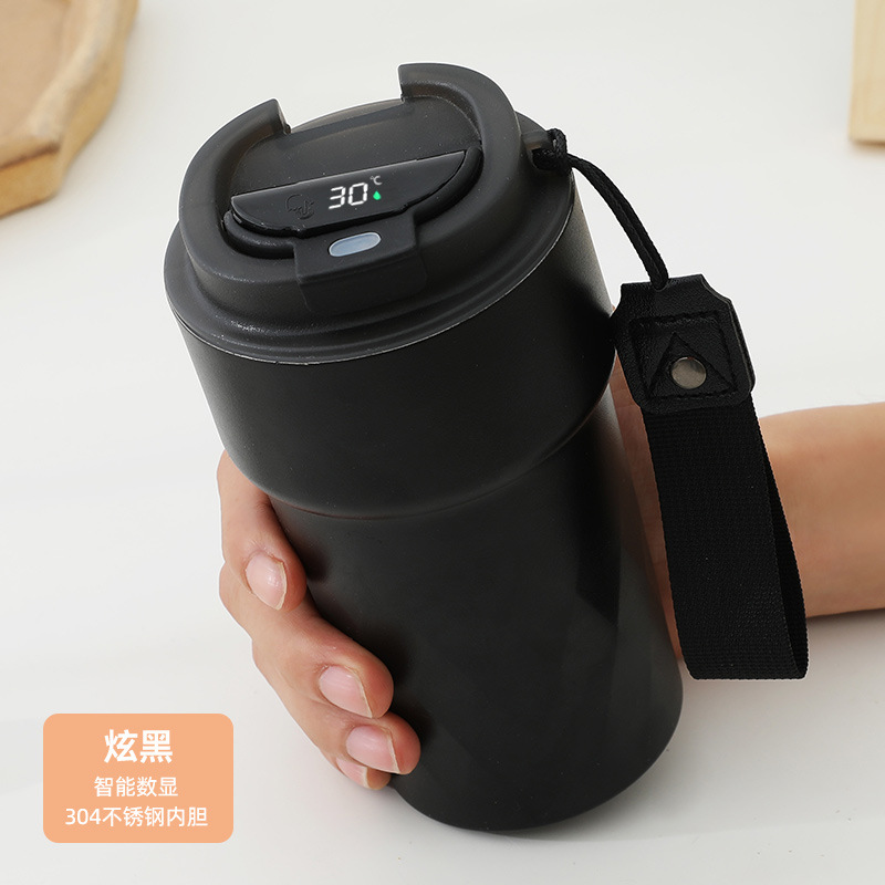 New Smart Temperature-Showing Rhombus Coffee Cup Girl Good-looking Thermos Cup with Rope Handle Portable Vehicle-Mounted Cup with Straw