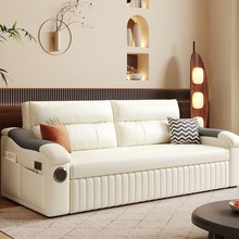 北欧猫抓皮沙发床可折叠两用客厅小户型多功能储物音响奶油风沙发
