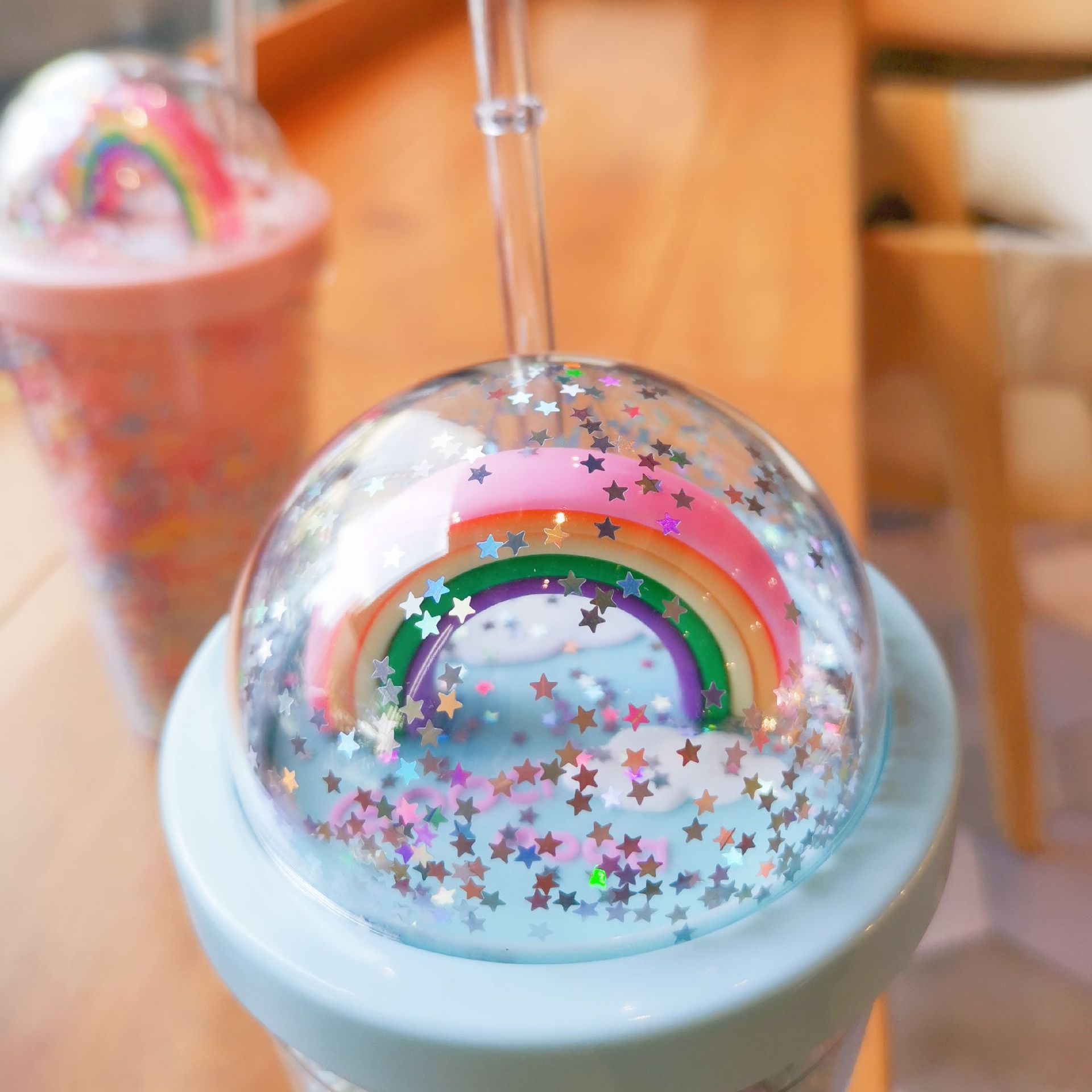 New Creative Rainbow Plastic Water Cup Fashion Large Capacity Women's Straw Cup Mori Double-Layer Colorful Beads Drink Cup