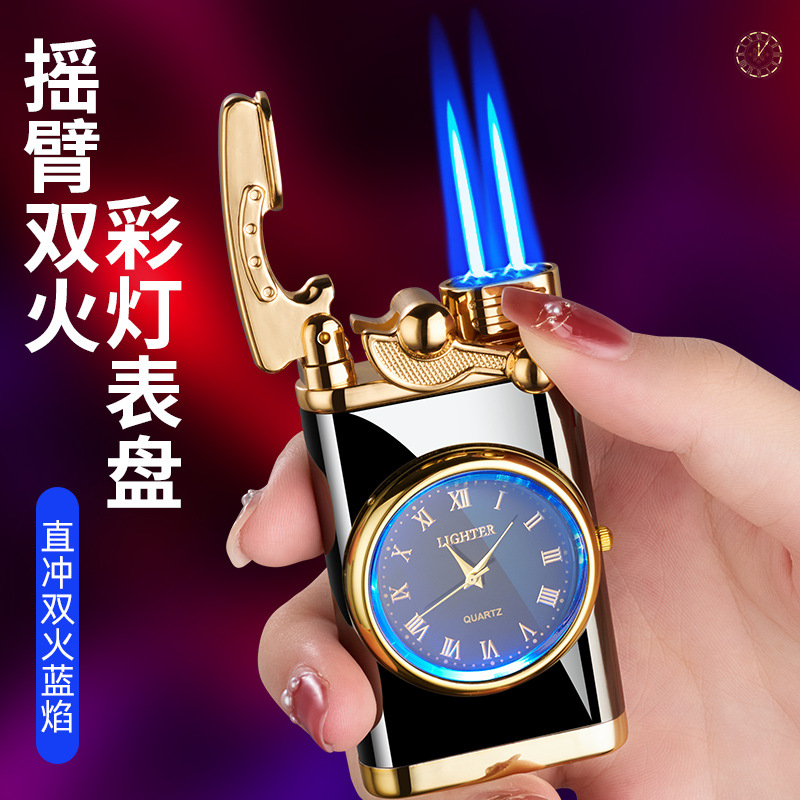 Hf615a Lantern Watch Rocker Arm Double Direct Punching Windproof Gas Lighters Laser Engraving Logo Advertising Wholesale