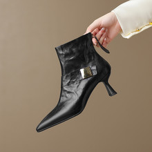 欧洲站高跟羊皮时装短靴女秋冬新款后拉链短筒皮靴气质黑色女靴子