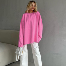 粉色宽松弹力圆领长袖套头街头风T恤2023欧美新款秋季时尚女上衣