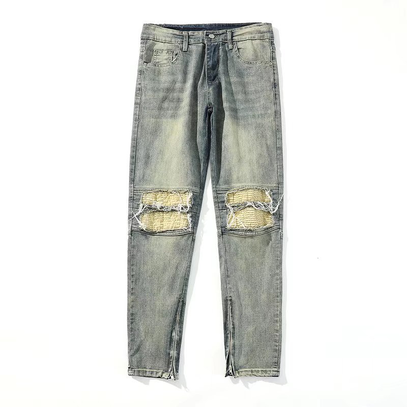   American High Street Washed Yellow Mud Jeans Men's oose Straight Vibe Style Fashion Zipper Beggar Ripped ong Pants