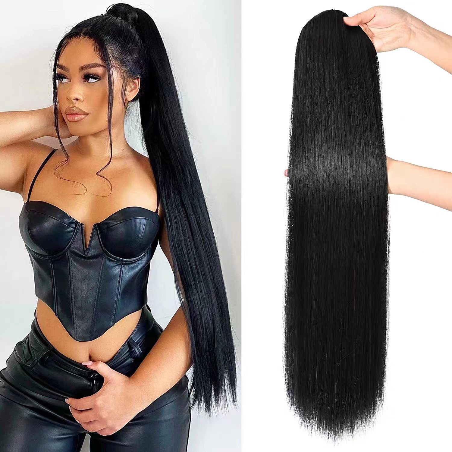 cross-border european and american long hair 30-inch drawstring straight hair ponytail high-temperature fiber fluffy ponytail extensions wig in stock wholesale