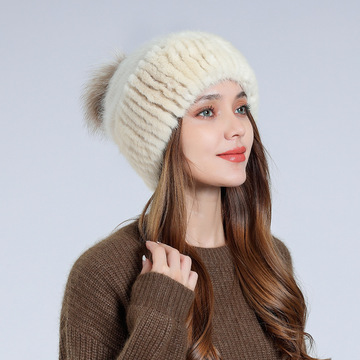 俄罗斯跨境热销冬天加绒保暖毛线帽女时尚水貂绒防寒加厚滑雪帽