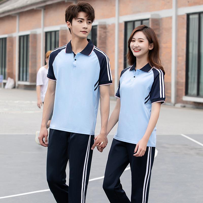夏季中学生校服套装男女运动服初中高中生班服两件套棉白短袖