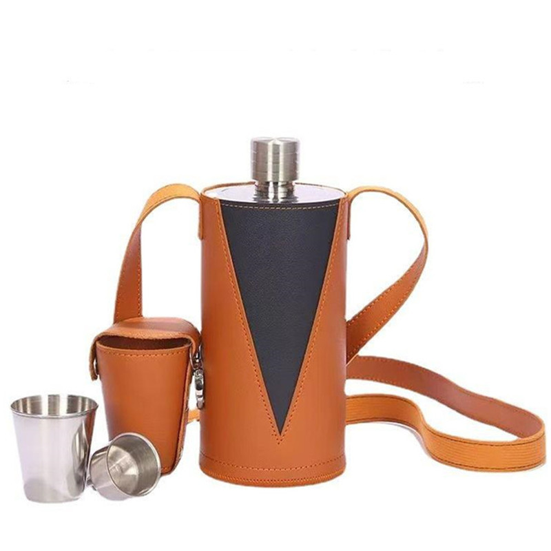 不锈钢304加厚酒壶便携水壶茅台瓶型白酒壶1斤2斤带皮套酒杯漏斗