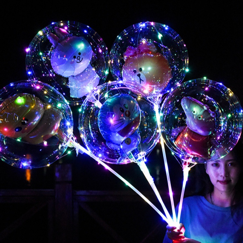 手持棒气球网红波波球透明带灯发光夜光推卡通儿童球中球飘空批发