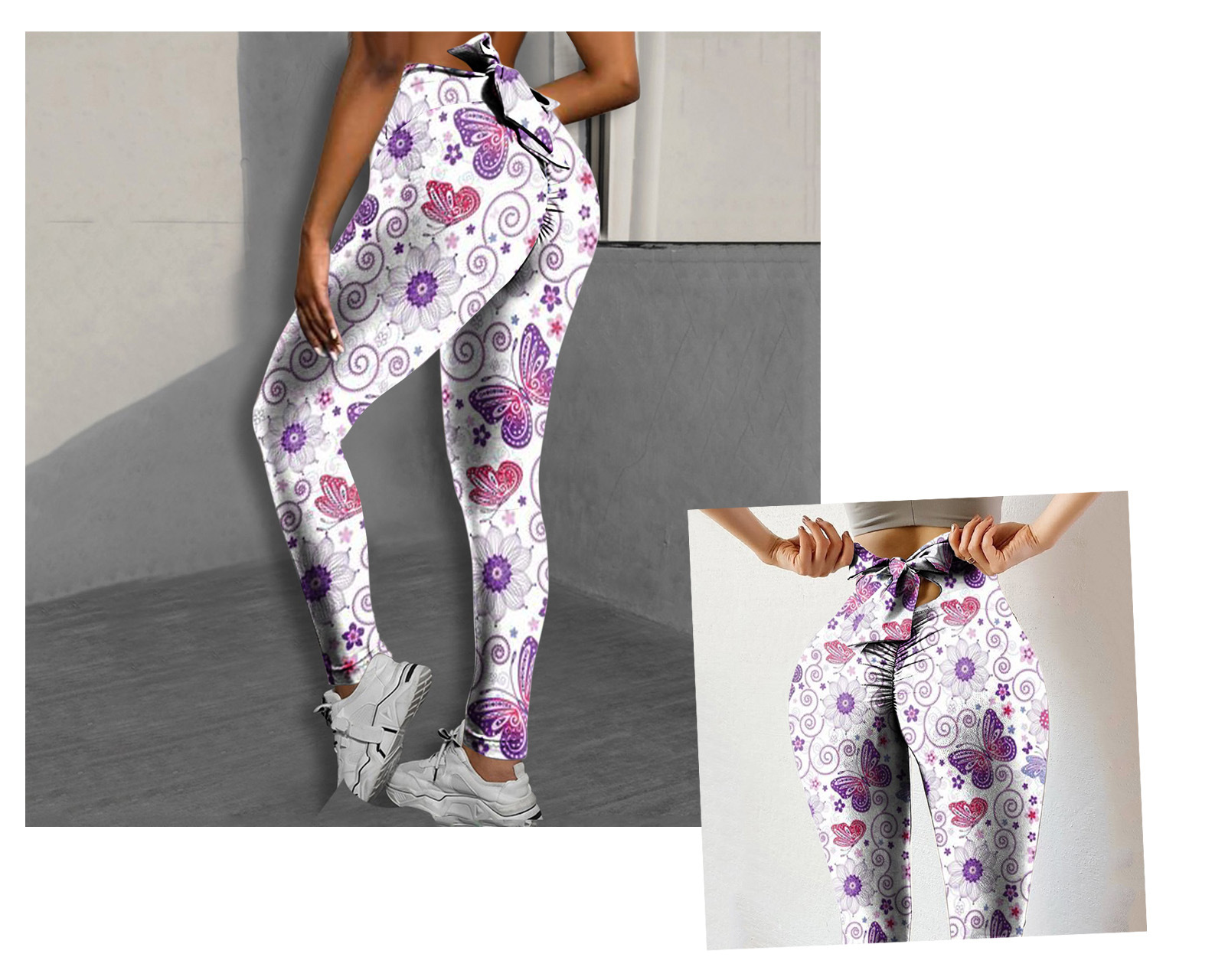 欧美外贸夏季新款女士休闲不定位印花绑带蝴蝶结蜜桃臀瑜伽健美裤