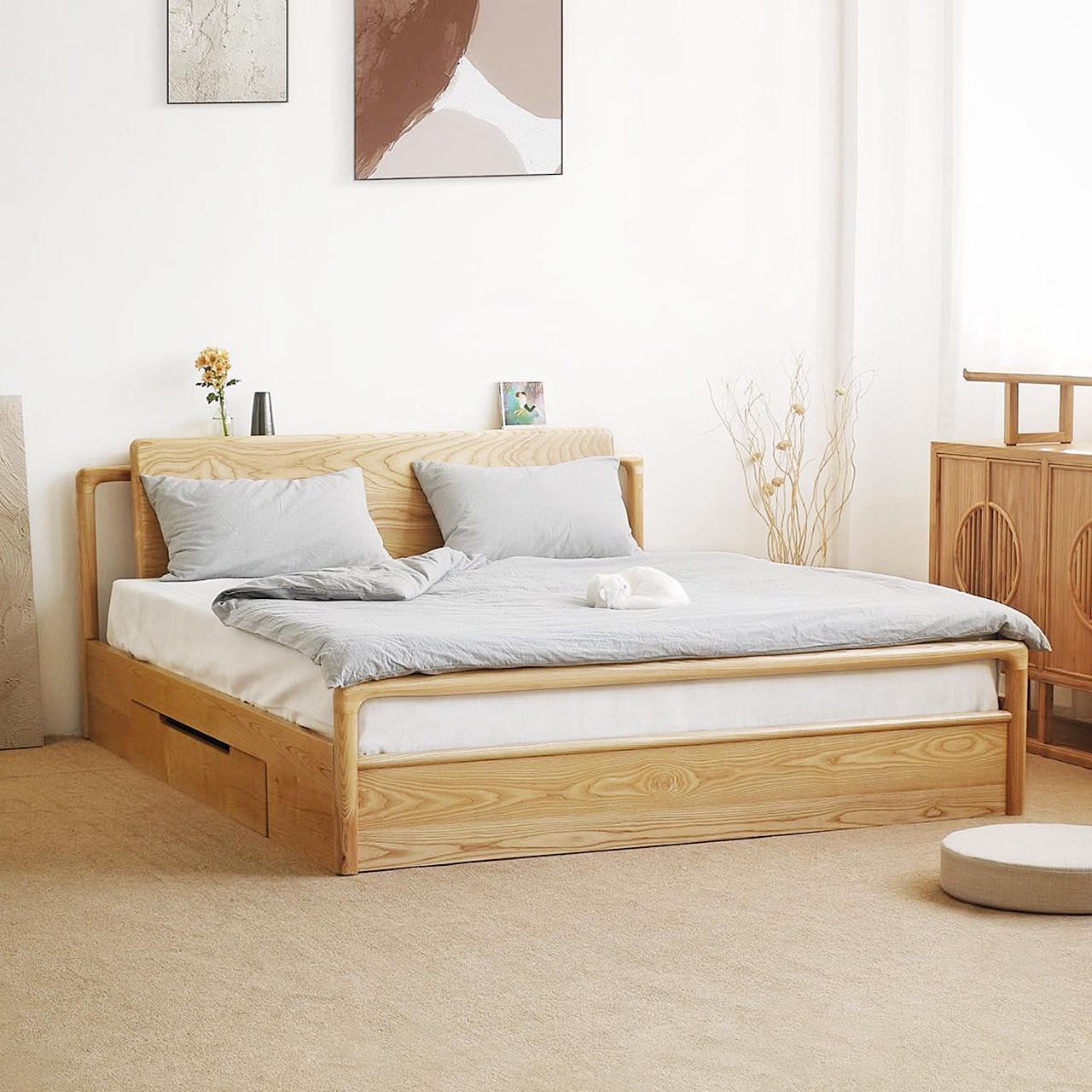 北欧实木床现代简约日式1.5米1.8m双人床原木色抽屉储物床小户型