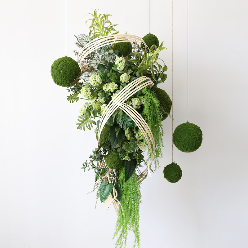 大型仿真绿植吊花青苔球竹编竹片展厅大堂空中悬挂花艺垂吊花卉