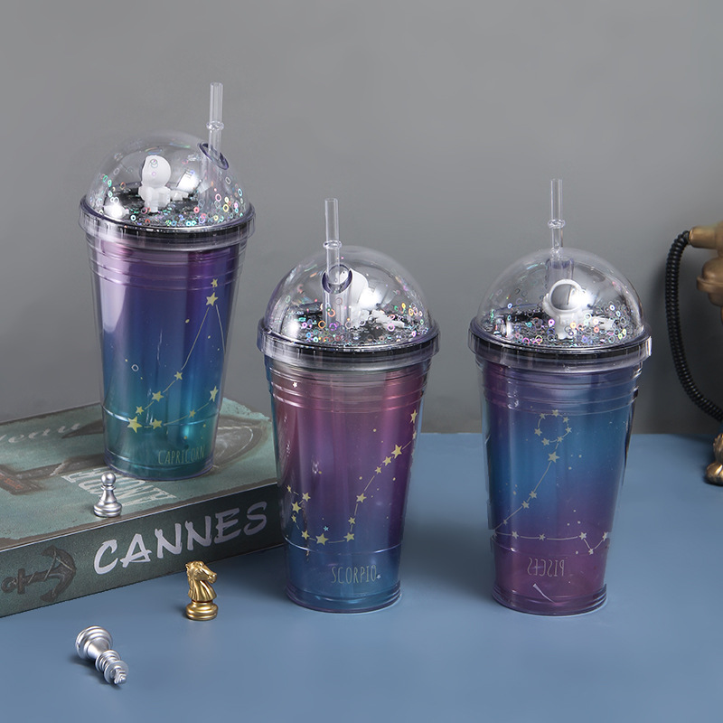 Net Red Starry Sky Double-Layer Plastic Cup Creative Spaceman Refrigeration Cup with Straw Student Cute Summer Ice Glass Customization