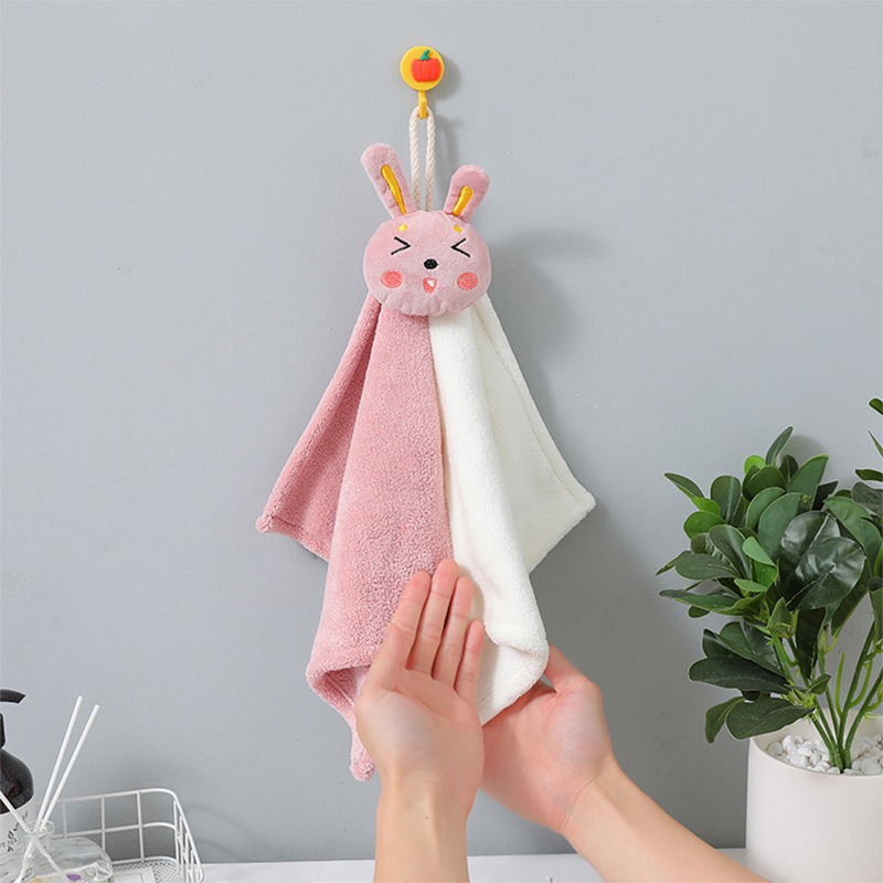 Coral Fleece Cartoon Rabbit Absorbent Towel Kitchen Bathroom Hand Cleaning Cloth Children's Hand Washing Can Hang Hand Towel