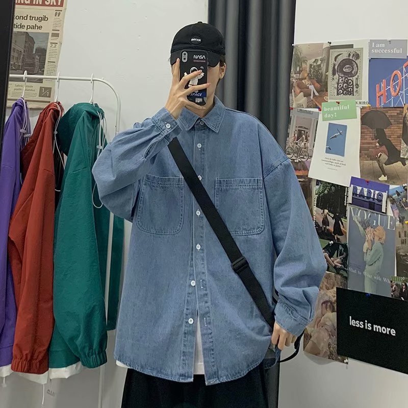 牛仔长袖衬衫男港风日系风格穿搭秋季vintage外套古着少年感衬衣