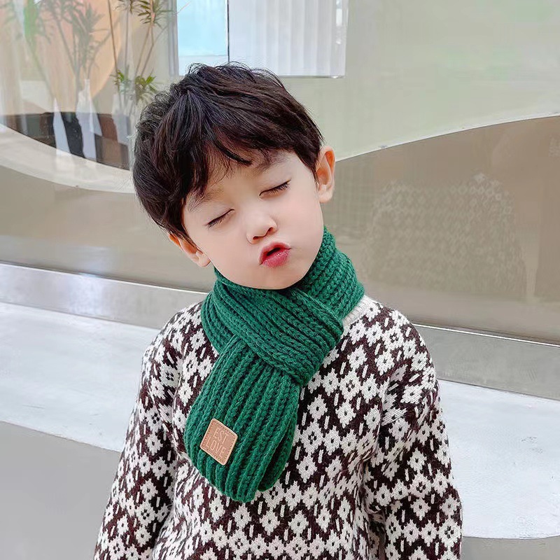 INS Korean Style Children's Knitted Scarf Winter Pure Color Warm Keeping Wool Infant Boys and Girls Korean Baby Bib Tide