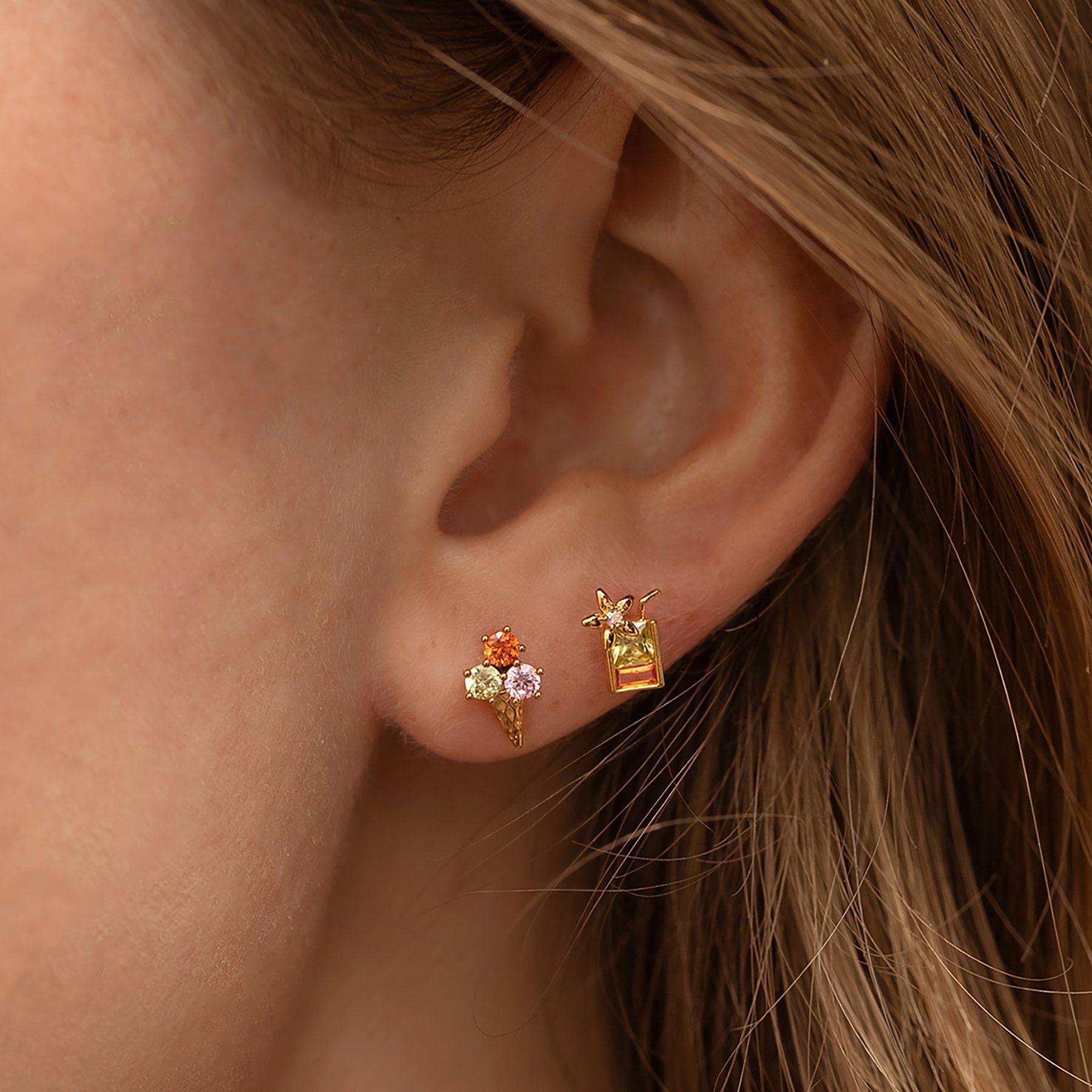 INS Hot Stud Earrings Golden Ice Cream Element Color Zirconium Ear Rings Dongdaemun New Jewelry Zircon Earrings for Women