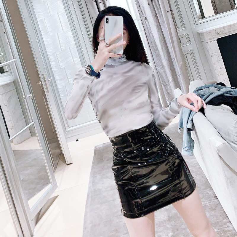 现货亮面pu漆皮裙a字半身裙短裙 设计师新款港味复古高腰修身包臀