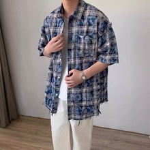 毛边格子短袖衬衫男夏季新款美式复古高街衬衣小众设计感潮流上衣