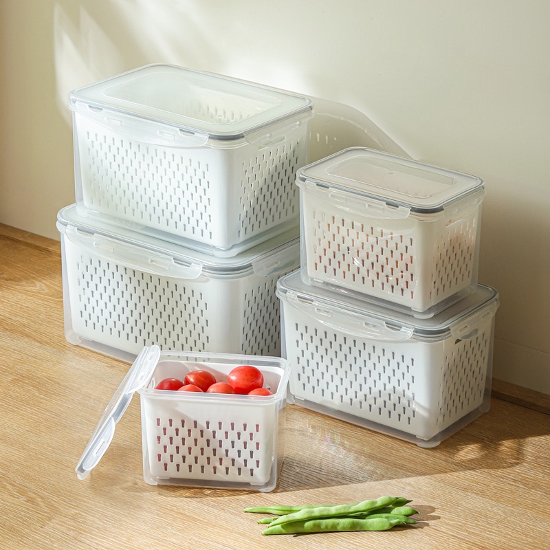 Japanese-Style Multi-Specification Food Grade Plastic Drain Basket Crisper Kitchen Food Frozen Sealed Box Refrigerator Storage Box