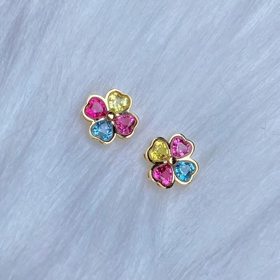 晖源珠宝 彩虹碧玺四叶草耳钉18k金镶嵌糖果色碧玺时尚简约女款耳