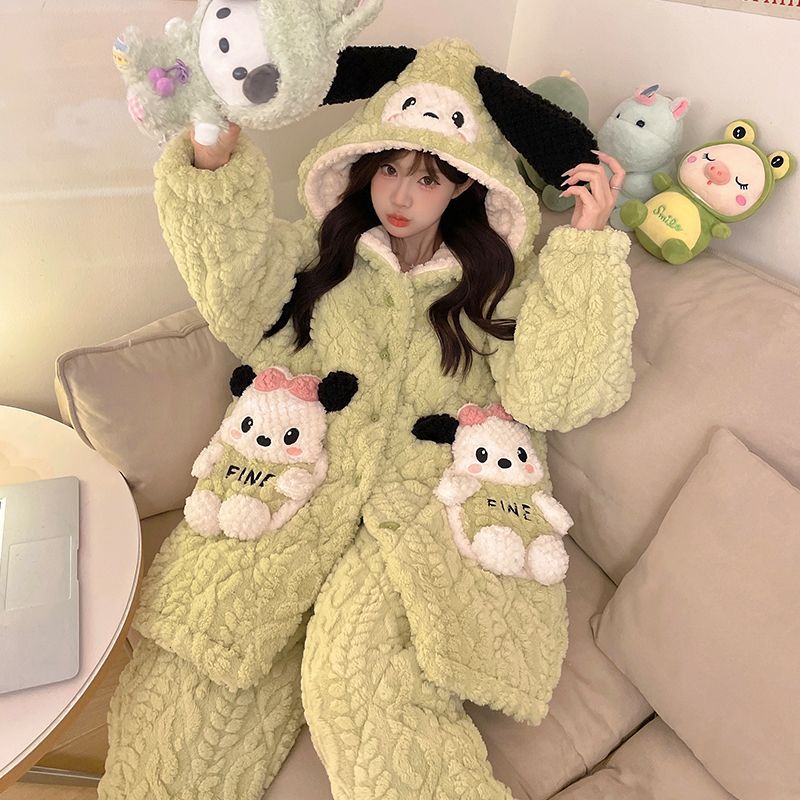 睡衣女2025年新款秋冬季三层夹棉加厚保暖珊瑚绒可外穿连帽家居服